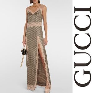 Gucci GG Supreme lace-trimmed silk maxi dress*NWT